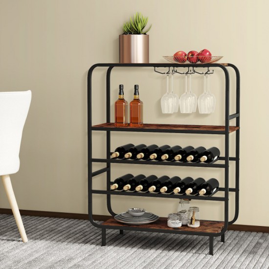 Honhorrs Sixteen-Bottle Wine Rack, Three Shelves and Three-Row Stemware Storage on Adjustable Feet
