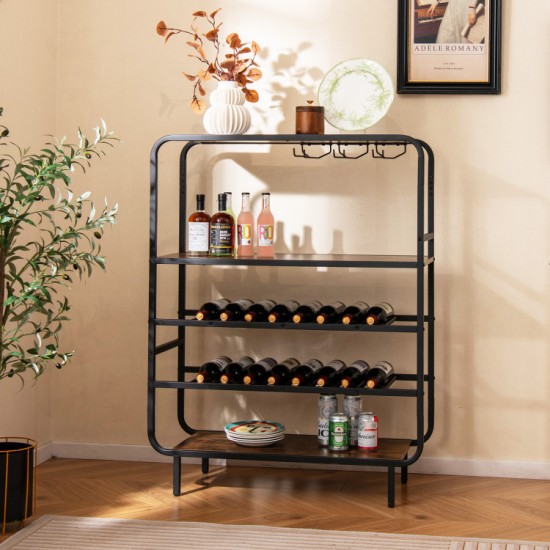 Honhorrs Sixteen-Bottle Wine Rack, Three Shelves and Three-Row Stemware Storage on Adjustable Feet