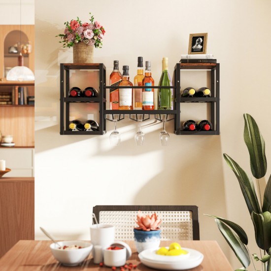 Honhorrs Wall-Mounted Wine Bar Shelf, Eight Bottle Positions with Three Glass Rails and Open Storage