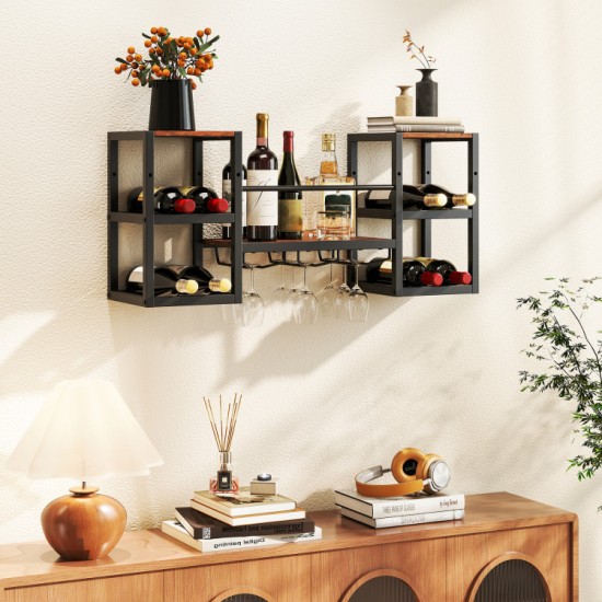 Honhorrs Wall-Mounted Wine Bar Shelf, Eight Bottle Positions with Three Glass Rails and Open Storage