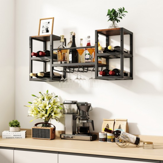 Honhorrs Wall-Mounted Wine Bar Shelf, Eight Bottle Positions with Three Glass Rails and Open Storage