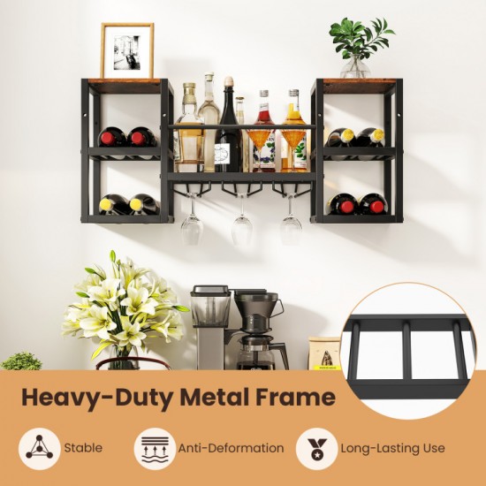 Honhorrs Wall-Mounted Wine Bar Shelf, Eight Bottle Positions with Three Glass Rails and Open Storage