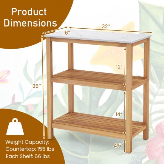Owlyin Acacia Potting Bench, Three Storage Levels with Marble-Look Resin Top and Adjustable Feet