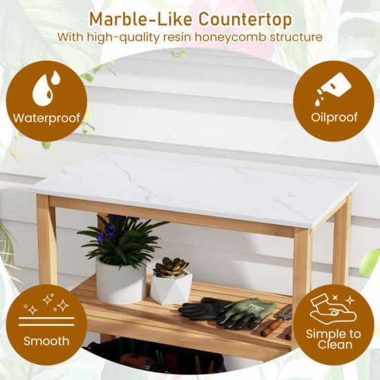 Owlyin Acacia Potting Bench, Three Storage Levels with Marble-Look Resin Top and Adjustable Feet
