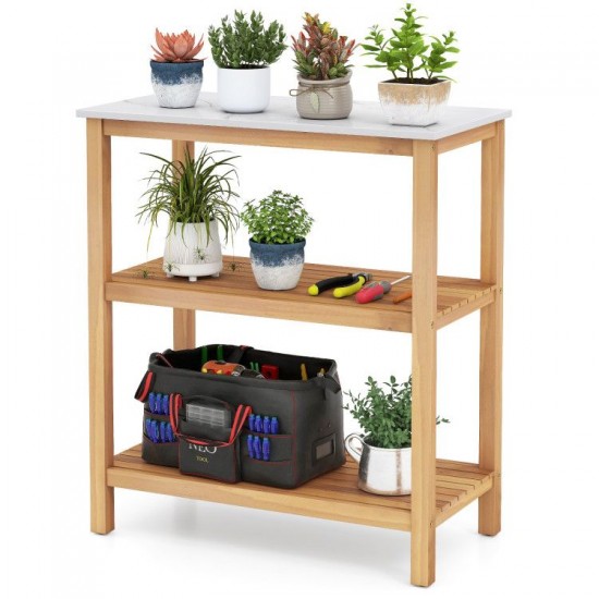 Owlyin Acacia Potting Bench, Three Storage Levels with Marble-Look Resin Top and Adjustable Feet