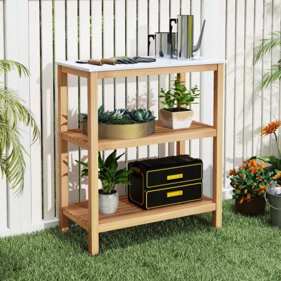 Owlyin Acacia Potting Bench, Three Storage Levels with Marble-Look Resin Top and Adjustable Feet