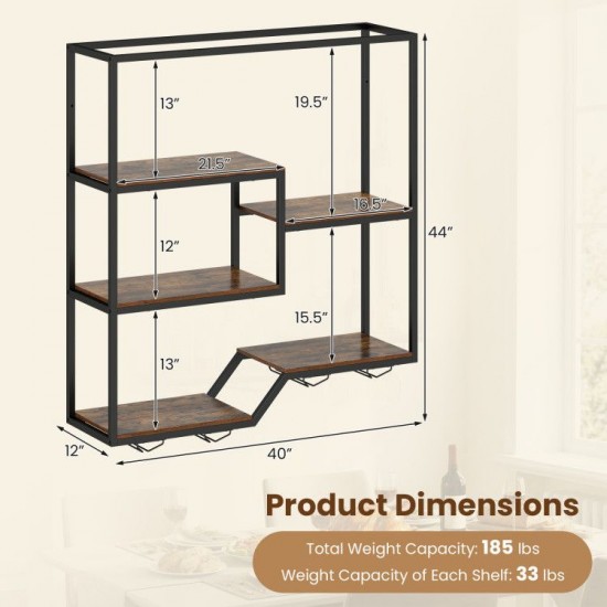 Honhorrs Six-Level Wall Wine Shelf, Staggered Bottle Display with Four Glass Racks and Metal Frame
