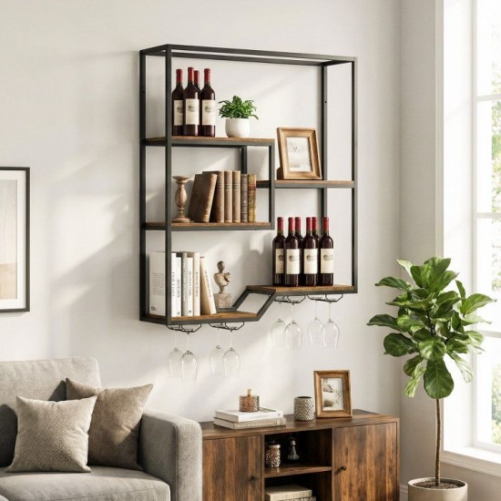 Honhorrs Six-Level Wall Wine Shelf, Staggered Bottle Display with Four Glass Racks and Metal Frame