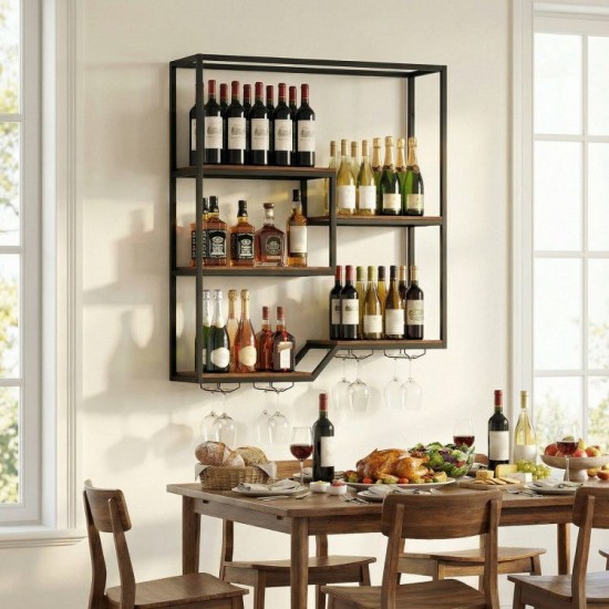 Honhorrs Six-Level Wall Wine Shelf, Staggered Bottle Display with Four Glass Racks and Metal Frame