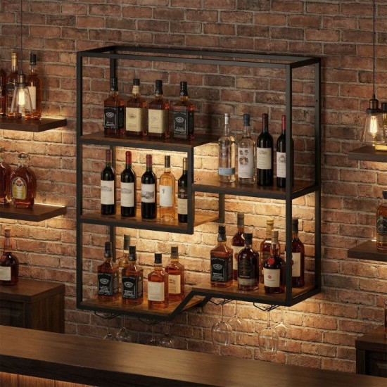 Honhorrs Six-Level Wall Wine Shelf, Staggered Bottle Display with Four Glass Racks and Metal Frame