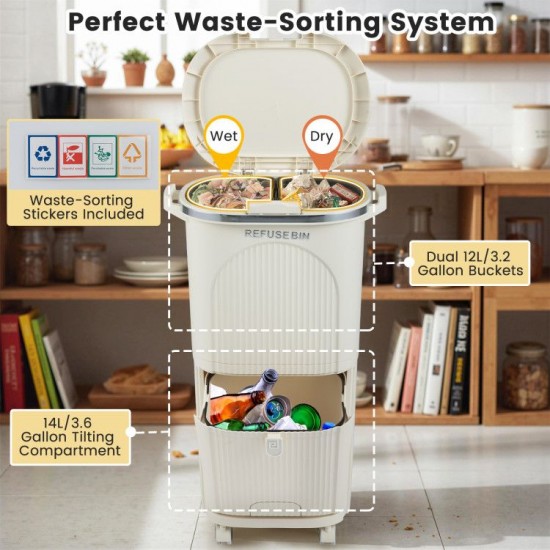 Honhorrs Ten-Gallon Sorting Bin, Two Lift-Out Buckets and Tilting Lower Section on Locking Wheels