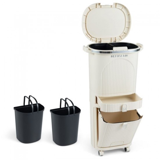 Honhorrs Eleven-Gallon Three-Level Sorting Bin, Dual Buckets with Tilting Compartment and Wheels