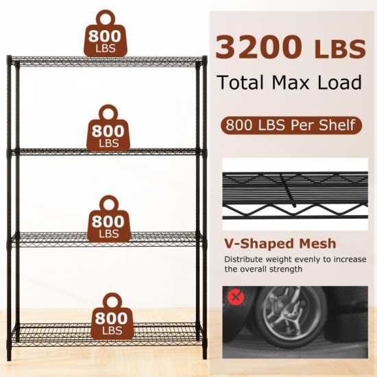 Honhorrs Four-Tier Metal Storage Shelf, Adjustable V-Wire Racks with Clip Assembly and Leveling Feet