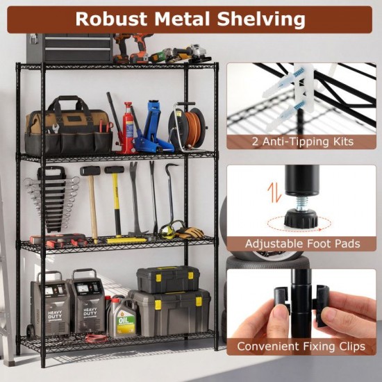 Honhorrs Four-Tier Metal Storage Shelf, Adjustable V-Wire Racks with Clip Assembly and Leveling Feet