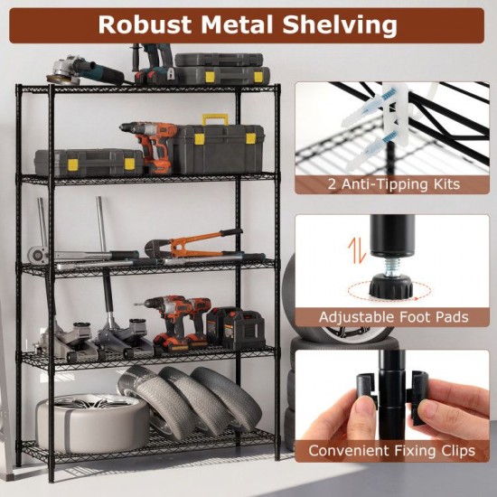 Honhorrs Five-Tier Metal Rack, Adjustable V-Shaped Wire Shelves with Clip Assembly and Anti-Tip Kits