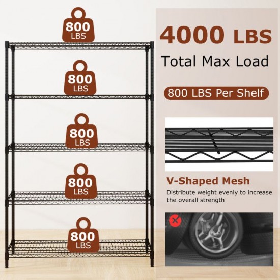 Honhorrs Five-Tier Metal Rack, Adjustable V-Shaped Wire Shelves with Clip Assembly and Anti-Tip Kits