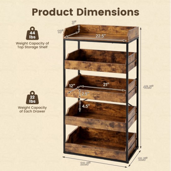 Honhorrs Five-Level Kitchen Storage Rack, Four Pull-Out Baskets with Raised Edges and Leveling Feet