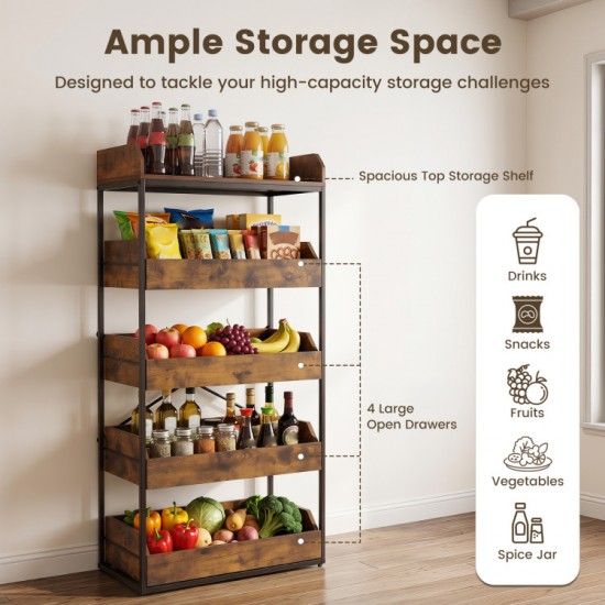 Honhorrs Five-Level Kitchen Storage Rack, Four Pull-Out Baskets with Raised Edges and Leveling Feet