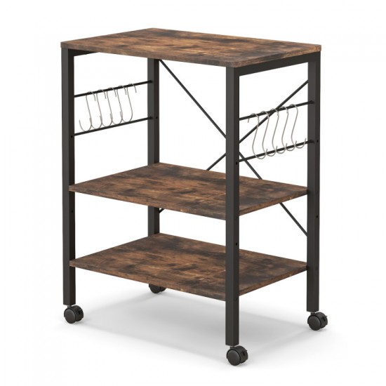 Rolling Kitchen Storage by Honhorrs, Three Shelves with Ten Utensil Hooks and Four Swivel Wheels