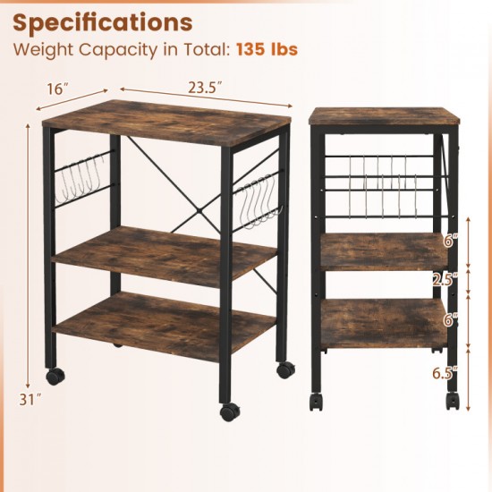 Rolling Kitchen Storage by Honhorrs, Three Shelves with Ten Utensil Hooks and Four Swivel Wheels