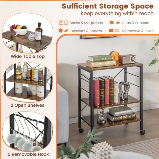 Rolling Kitchen Storage by Honhorrs, Three Shelves with Ten Utensil Hooks and Four Swivel Wheels