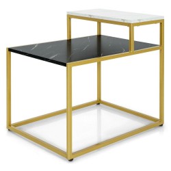 XVX Stepped Two-Tier Side Table, Marble-Look Surface with Steel Frame and Adjustable Footpads