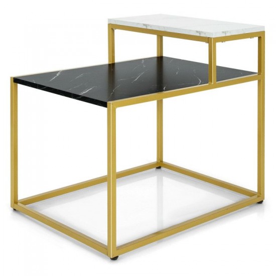 Honhorrs Stepped Two-Tier Side Table, Marble-Look Surface with Steel Frame and Adjustable Footpads
