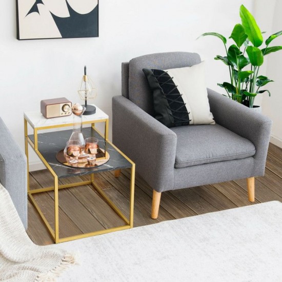 Honhorrs Stepped Two-Tier Side Table, Marble-Look Surface with Steel Frame and Adjustable Footpads