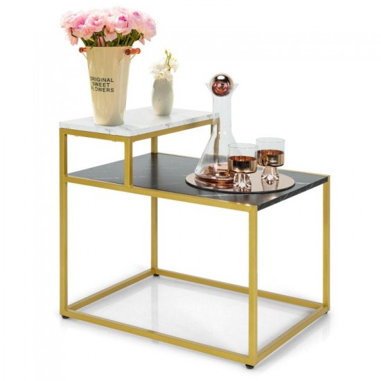 Honhorrs Stepped Two-Tier Side Table, Marble-Look Surface with Steel Frame and Adjustable Footpads