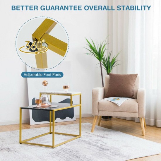 Honhorrs Stepped Two-Tier Side Table, Marble-Look Surface with Steel Frame and Adjustable Footpads