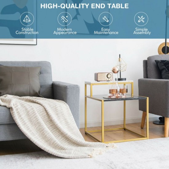 Honhorrs Stepped Two-Tier Side Table, Marble-Look Surface with Steel Frame and Adjustable Footpads