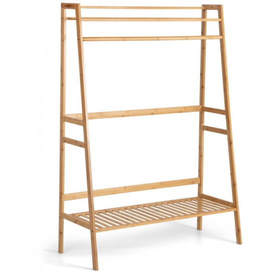 Honhorrs Bamboo Clothing Rack with Hanging Rod, 2 Storage Shelves, Side Hooks and Wall Anchor