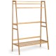 Honhorrs Bamboo Clothing Rack with Hanging Rod, 2 Storage Shelves, Side Hooks and Wall Anchor