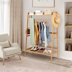 Honhorrs Bamboo Clothing Rack with Hanging Rod, 2 Storage Shelves, Side Hooks and Wall Anchor