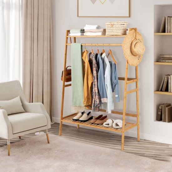 Honhorrs Bamboo Clothing Rack with Hanging Rod, 2 Storage Shelves, Side Hooks and Wall Anchor