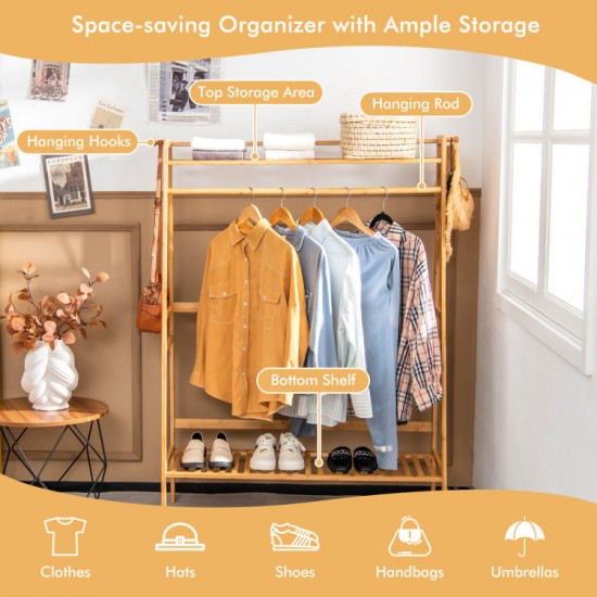 Honhorrs Bamboo Clothing Rack with Hanging Rod, 2 Storage Shelves, Side Hooks and Wall Anchor
