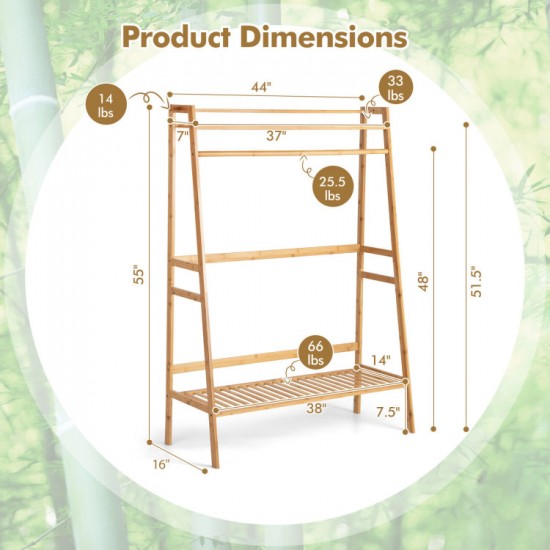 Honhorrs Bamboo Clothing Rack with Hanging Rod, 2 Storage Shelves, Side Hooks and Wall Anchor