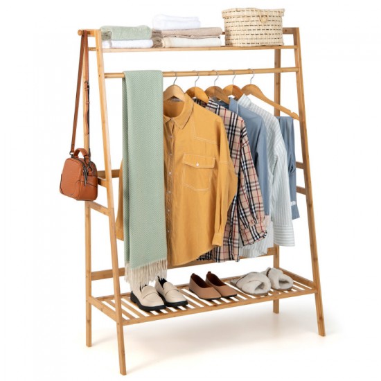 Honhorrs Bamboo Clothing Rack with Hanging Rod, 2 Storage Shelves, Side Hooks and Wall Anchor