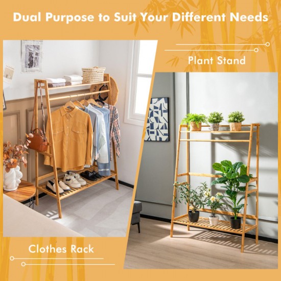 Honhorrs Bamboo Clothing Rack with Hanging Rod, 2 Storage Shelves, Side Hooks and Wall Anchor