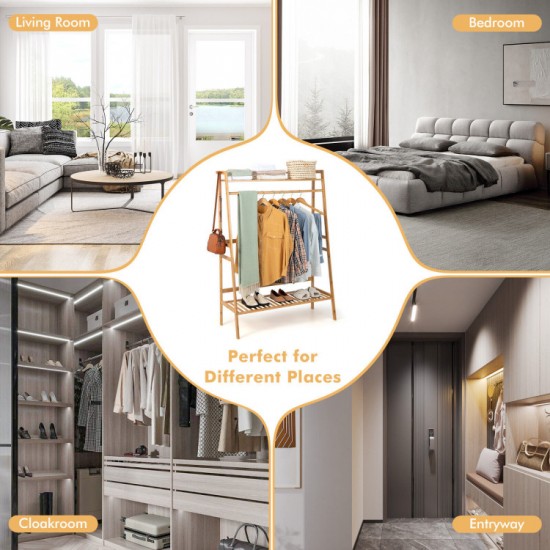 Honhorrs Bamboo Clothing Rack with Hanging Rod, 2 Storage Shelves, Side Hooks and Wall Anchor