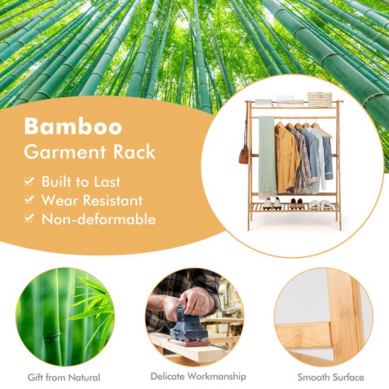 Honhorrs Bamboo Clothing Rack with Hanging Rod, 2 Storage Shelves, Side Hooks and Wall Anchor