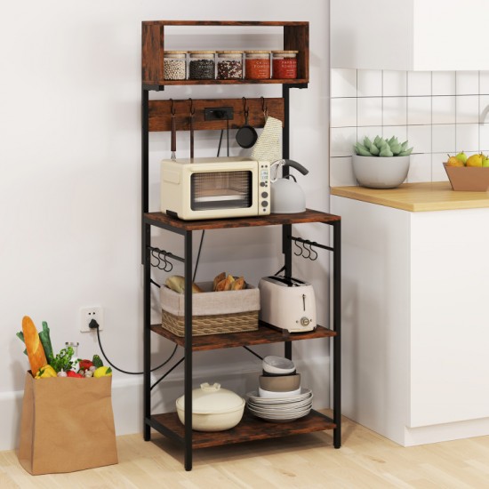 Honhorrs 60-Inch Kitchen Microwave Stand with 4 Open Shelves, Power Strip and 10 Hanging Hooks