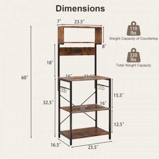 Honhorrs 60-Inch Kitchen Microwave Stand with 4 Open Shelves, Power Strip and 10 Hanging Hooks