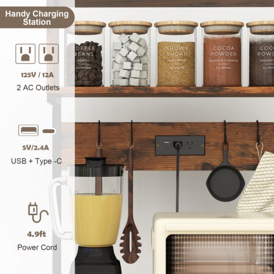 Honhorrs 60-Inch Kitchen Microwave Stand with 4 Open Shelves, Power Strip and 10 Hanging Hooks