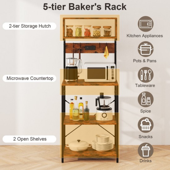 Honhorrs 60-Inch Kitchen Microwave Stand with 4 Open Shelves, Power Strip and 10 Hanging Hooks