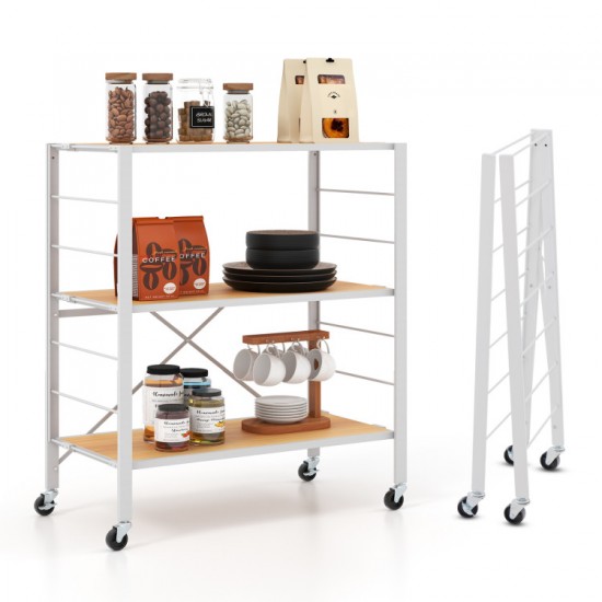 Honhorrs 3-Tier Folding Storage Shelf with 7 Adjustable Positions, Detachable Wheels and Wall Anchor