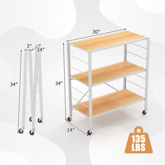 Honhorrs 3-Tier Folding Storage Shelf with 7 Adjustable Positions, Detachable Wheels and Wall Anchor