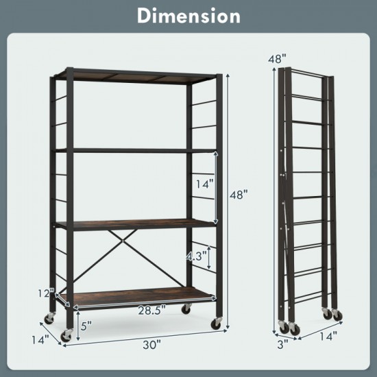 Honhorrs 4-Tier Folding Metal Storage Shelf with 10 Shelf Positions and 2 Lockable Caster Wheels