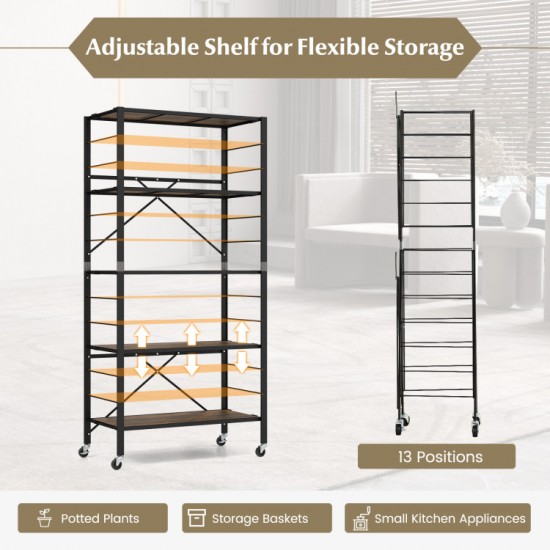 Honhorrs 5-Tier Folding Shelving Unit with 13 Shelf Positions, Caster Wheels and Wheel Locks