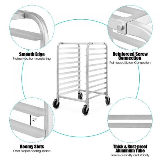 Honhorrs Ten-Level Aluminum Bakery Pan Rack, Open Sheet Storage with Four Casters and Two Brakes